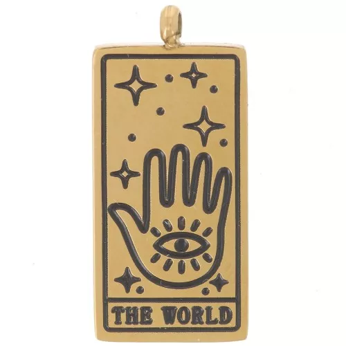 Colgante Carta del Tarot 21x10 mm - El Mundo - Acero Inoxidable Dorado 316L x1