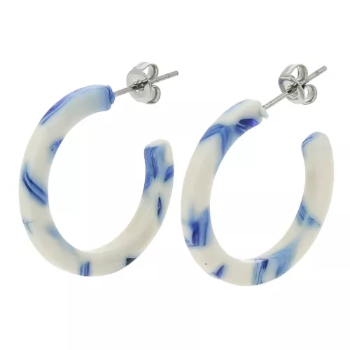Pendientes de aro de acetato de celulosa 25 mm - Azul jaspeado - Blanco x2