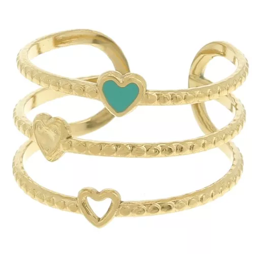Anillo de corazón de 3 hileras - T53 a T58 - Acero inoxidable 304L Dorado - Azul x1