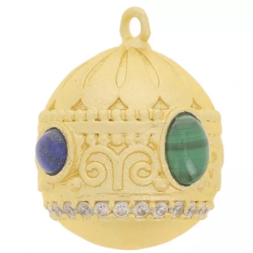 Colgante Étnico 21x16mm CZ y Gema - Oro Fino - Malaquita - Lapis