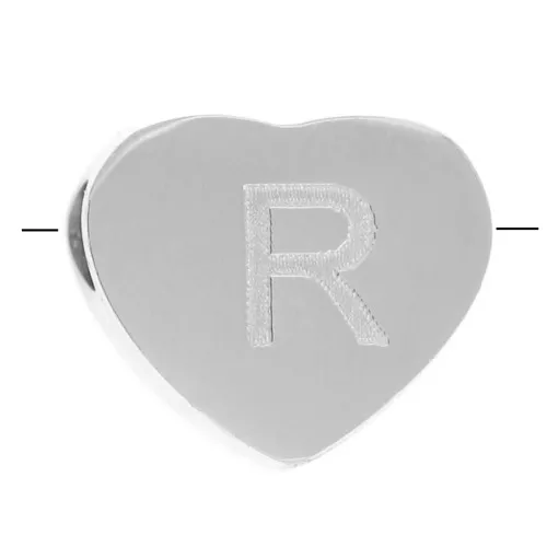 Perle lettre alphabet forme coeur 6x7 mm - R - Acier inoxydable 316L x1