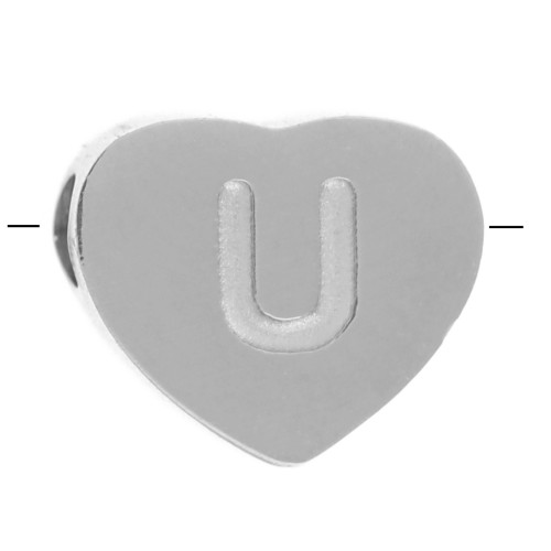Letra del abecedario en forma de corazón perlada 6x7 mm - U - Acero inoxidable 316L x1