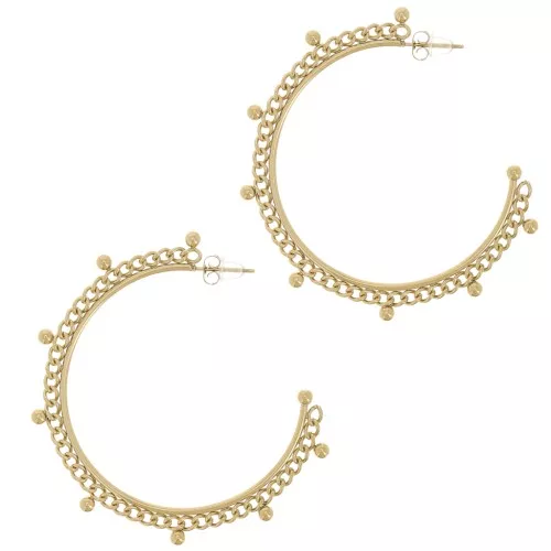 Pendientes de aro abierto de 56 mm con cadena y bolitas - Acero inoxidable 304L Dorado x2