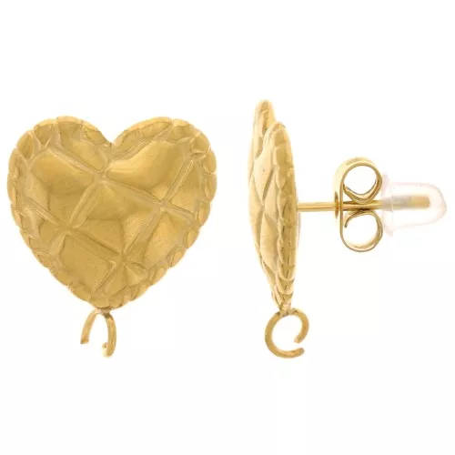 Tachuelas corazón 17x14 mm - Efecto acolchado - Acero inoxidable dorado 304L x2
