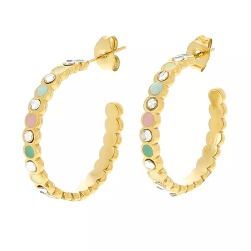 Pendientes de aro abierto de 25 mm con resina epoxi y strass - Acero inoxidable dorado 304L x2