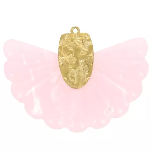Colgante abanico 28,5x40 mm resina y acero inoxidable 316L dorado Rosa claro x1