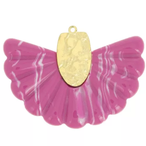 Colgante abanico fucsia jaspeado de resina y acero inoxidable 316L de 28,5x40 mm x1