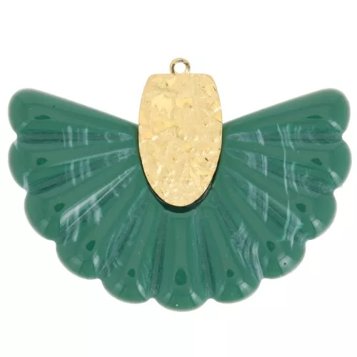 Colgante abanico de oro de resina y acero inoxidable 316L de 28,5x40 mm - verde jaspeado x1