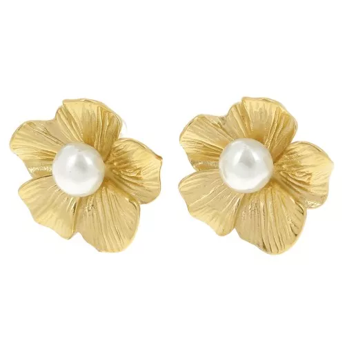 Pendientes flor cabujón 24 mm imitación nácar - acero inoxidable dorado 304L x2
