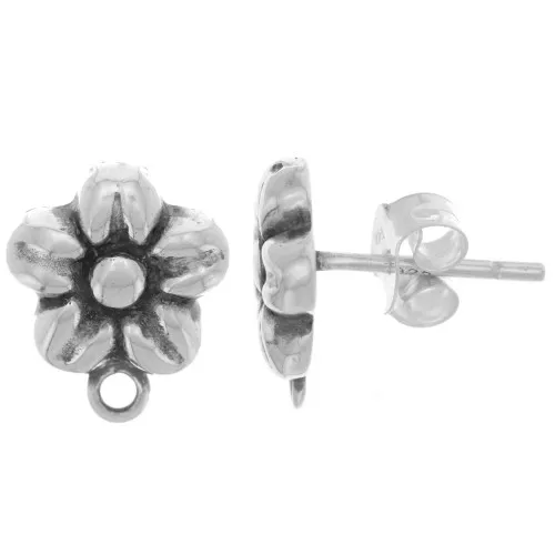 Pendientes flor 12x10 mm con aro cerrado - Plata Plateada 925 Oxidada x2