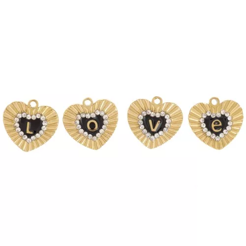 Lote de 4 colgantes corazón 10,5x11 mm - motivo Amor - con strass - acero inoxidable 316L