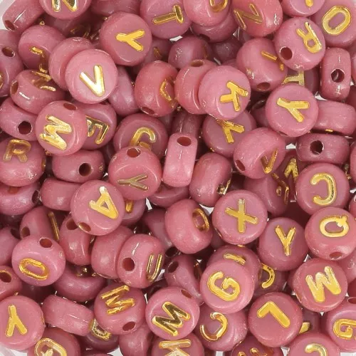 Surtido de 200 cuentas planas letras del alfabeto 7 mm - Rosa oscuro - Dorado