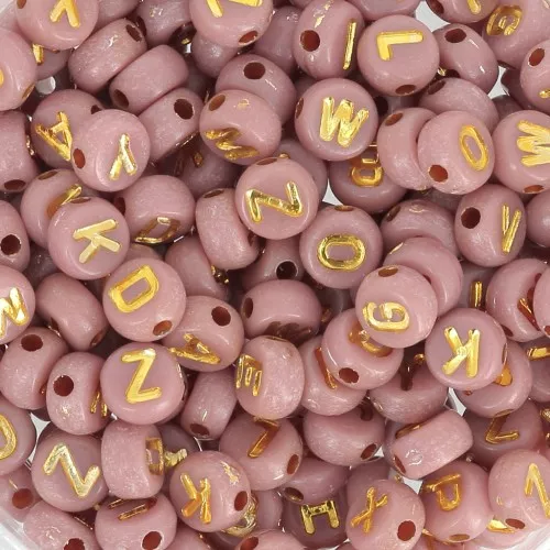 Surtido de 200 cuentas planas letras alfabeto 7 mm - Rosa viejo - Dorado