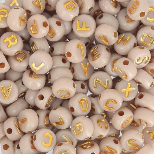 Surtido de 200 cuentas planas 7 mm letras del alfabeto - Beige - Dorado