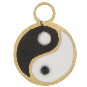 Colgante redondo de 10 mm con resina epoxi - Motivo del Yin y el Yang - Acero inoxidable 316L dorado x1