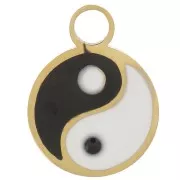 Colgante redondo de 10 mm con resina epoxi - Motivo del Yin y el Yang - Acero inoxidable 316L dorado x1