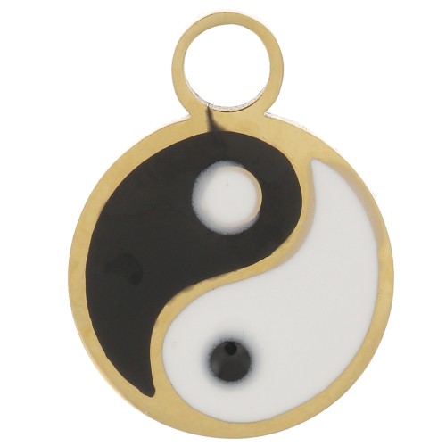 Colgante redondo de 10 mm con resina epoxi - Motivo del Yin y el Yang - Acero inoxidable 316L dorado x1