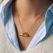 Colgante tubo étnico 15x30 mm gema cabujón - Dorado con Oro fino - Amatista