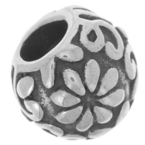 Cuenta redonda aplanada 11 mm agujero grande - motivo flor - acero inoxidable 304L x1