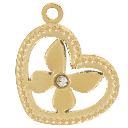 Dije en forma de corazón con motivo de mariposa, 12 x 9 mm - Acero inoxidable 304 Dorado x 1