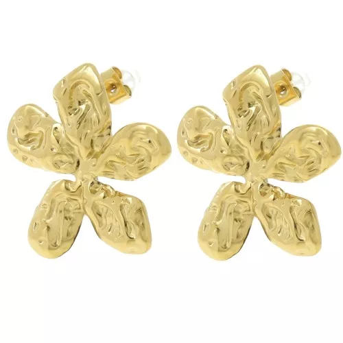 Pendientes flor martillada 27x29 mm - Acero inoxidable 304L Dorado x2