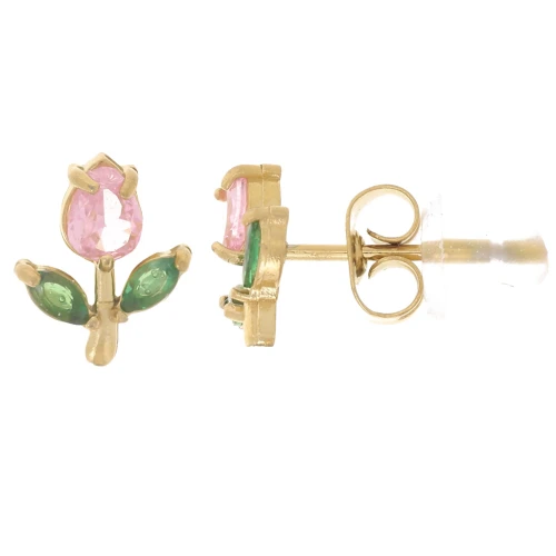 Pendientes flor 8x7mm óxido de circonio - Acero inoxidable 304L Dorado - Rosa x2