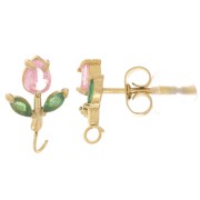 Pendientes Flor 11x7mm Open Hoop &amp; CZ Acero inoxidable 304L Dorado - Rosa x2|raw }}