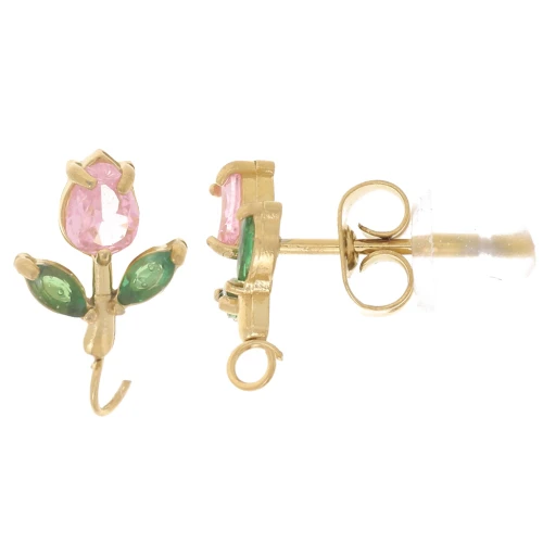 Pendientes Flor 11x7mm Open Hoop & CZ Acero inoxidable 304L Dorado - Rosa x2