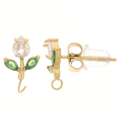 Pendientes Flor 11x7mm Open Hoop & CZ Acero inoxidable 304L Dorado - Cristal