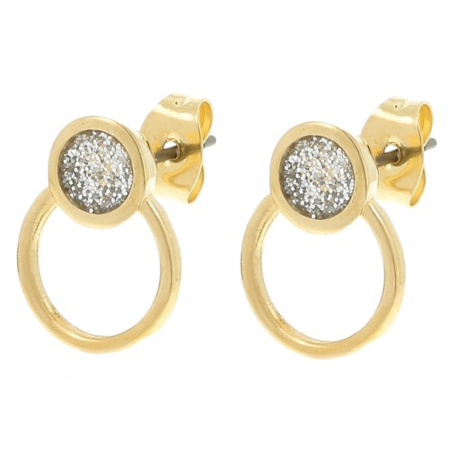 Pendientes círculos 14x11 mm resina epoxi - Dorado Oro fino - Plateado purpurina