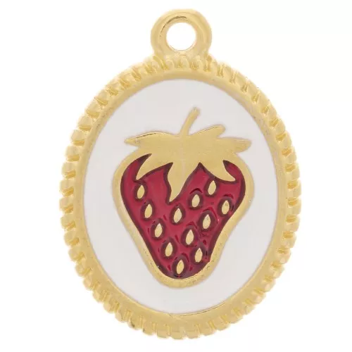 Colgante ovalado 19x14 mm - Motivo fresa - Dorado oro fino - Blanco - Rojo x1