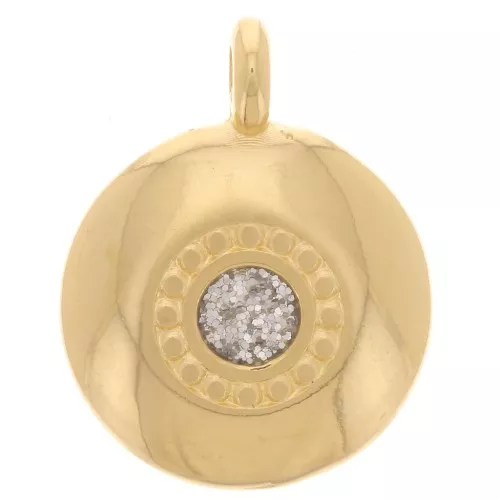 Dije redondo de 13,5 mm con resina epoxi - Dorado con oro fino - Brillo plateado x1