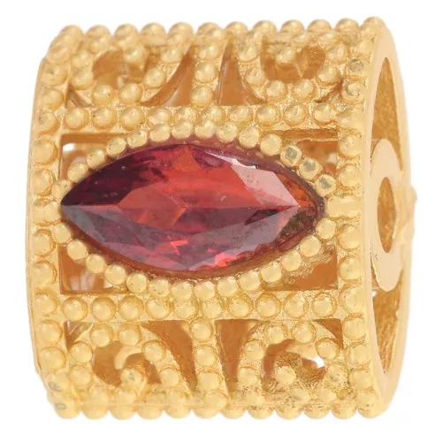 Cuenta rectangular abombada de 11x12mm con óxidos de circonio - Dorado con oro fino - Rojo