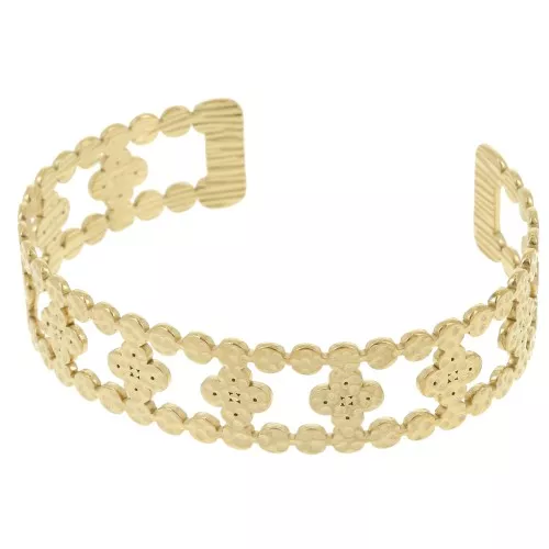 Pulsera ancha ajustable trébol martillado 15x150 mm Acero inoxidable 304L Dorado x1
