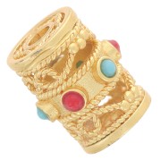 Cuenta con forma tubo calada trabajada 12x9 mm - imitación piedras preciosas - Dorada con oro fino