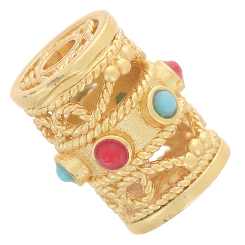 Cuenta con forma tubo calada trabajada 12x9 mm - imitación piedras preciosas - Dorada con oro fino