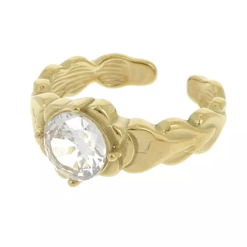 T57 anillo efecto trenzado con cabujón de cristal - Acero inoxidable 304L Dorado - Cristal x1