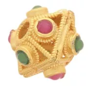 Cuenta rombo aplanada 8x9 mm con piedras preciosas de imitación - Dorado con oro fino x1