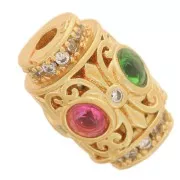 Cuenta tubo vintage 12x8,5 mm con óxidos de circonio - Dorado con oro fino x1