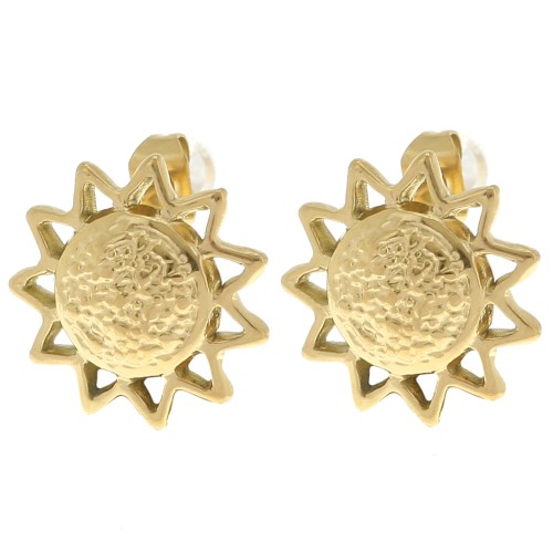 Pendientes sol martillado 15 mm - Acero inoxidable 304L Dorado x2