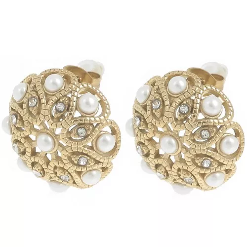 Ganchos pendientes en forma de roseta de 19 mm con strass e imitación de nácar - Acero inoxidable 304L Dorado x2