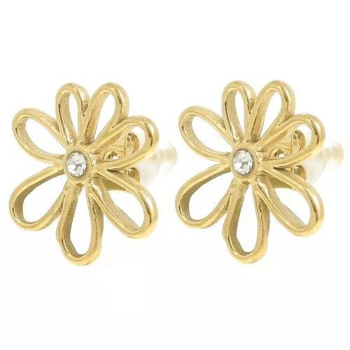 Pendientes flor hueca 16 mm óxido de circonio - Acero inoxidable 304L Dorado x2