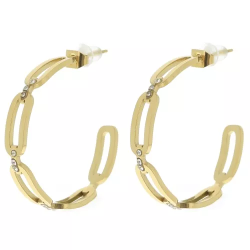 Pendientes de aro redondo abierto 31 mm efecto eslabón con strass - Acero inoxidable 304L Dorado x2
