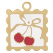 Dije mini marco 19,5x16 mm motivo cereza - resina epoxi - Acero inoxidable 304L Dorado