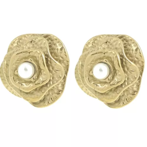 Pendientes flor 22mm con perla imitación nácar - Acero inoxidable 304L Dorado x2
