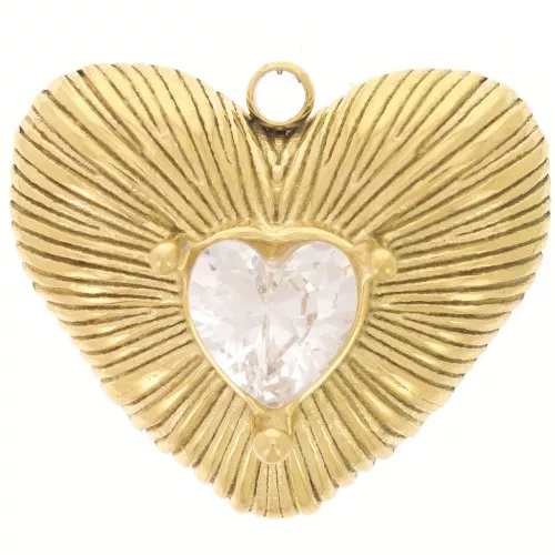 Colgante corazón estriado 19x22,5 mm con strass - Acero inoxidable 304L Dorado x1