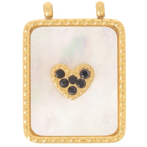 Colgante rectángulo martillado 19x14 mm con nácar y CZ - Acero inoxidable 304L Dorado x1