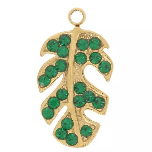 Dije hoja 15x8 mm con strass - Acero inoxidable 304L - Verde x1