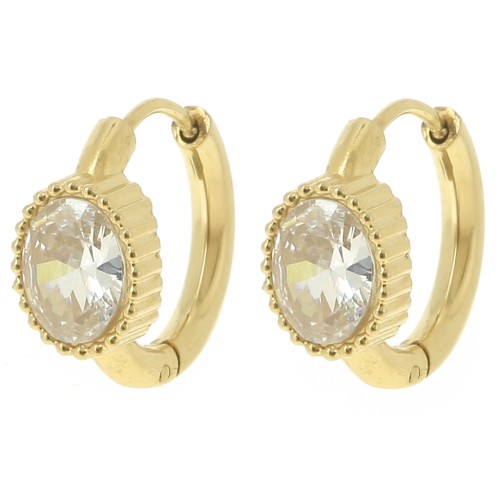 Pendientes de aro redondos 16 mm - cabujón ovalado óxido de circonio - Acero inoxidable 304L Dorado x2
