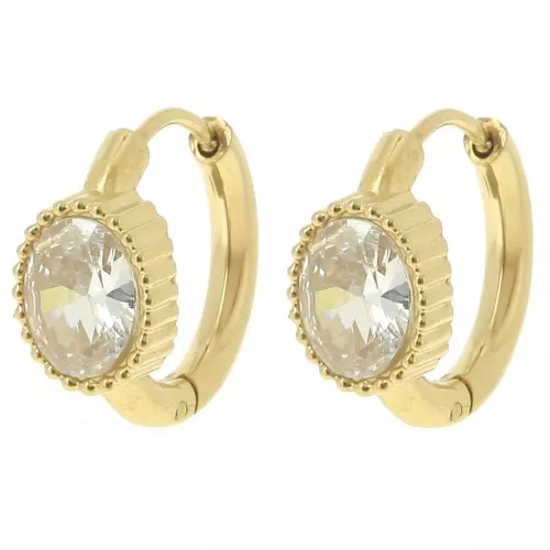 Pendientes de aro redondos 16 mm - cabujón ovalado óxido de circonio - Acero inoxidable 304L Dorado x2